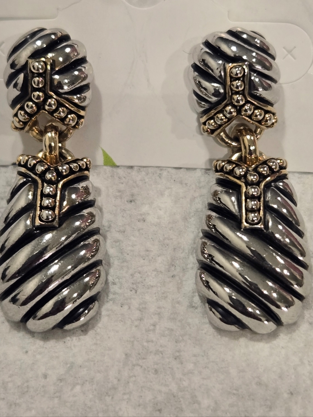Cable Style "Y" Drop Dandle Earrings Two Tone Silver Gold Classic Timeless